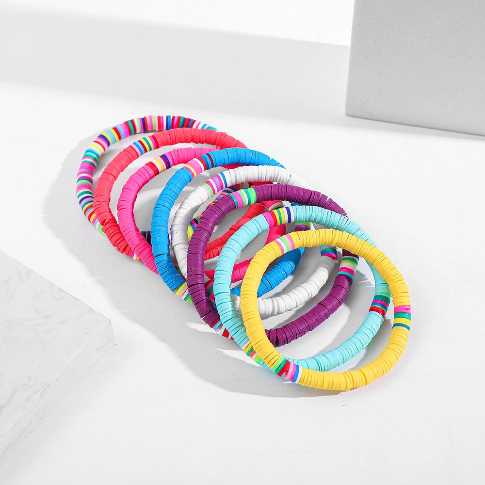 Boho Colorful Boho Polymer Clay Bracelet Set for Women Adjustable Elastic Soft Pottery Female Bracelet Summer Beach Jewelry