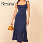 Elegant Summer Dress with Ruffle, Navy Back, Elastic Party Dresses, Casual, 2024