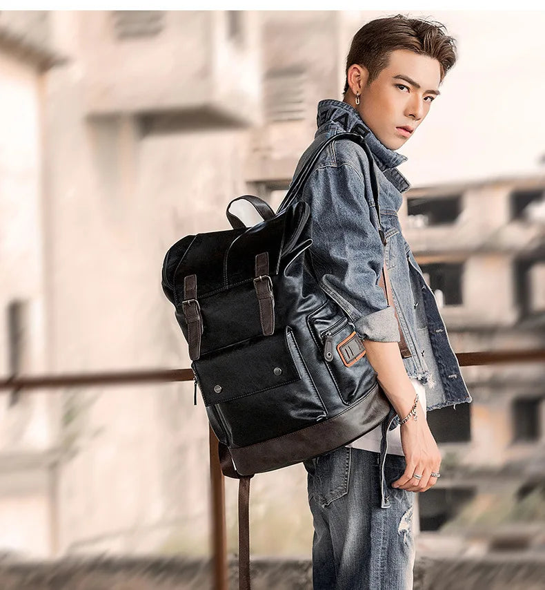 Weysfor Multifunction Men PU Leather Backpack Vintage Canvas Backpacks School Bag Neutral Portable Wearproof Travel Bag