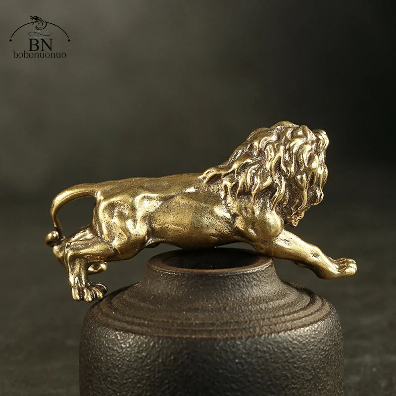 Antique Bronze Male Lion King Statue Small Ornaments Solid Copper Mountain Lions Miniature Figures Brass Sculpture Crafts Decor