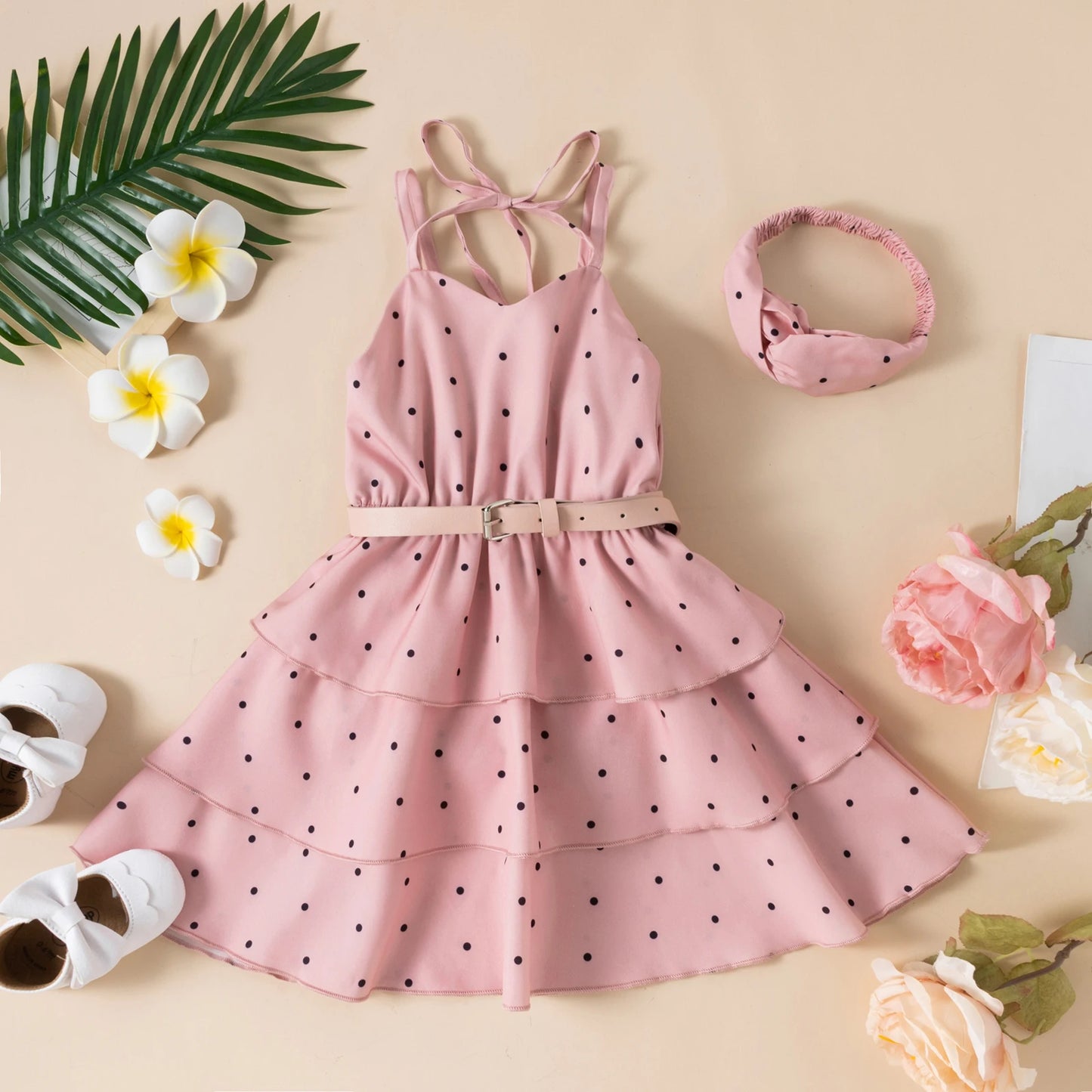 Elegant Little Girl Summer Dress, V Neck Sleeveless Elastic Waist Multi Layer Dot Dress with Wasitbelt Headband 1-6T