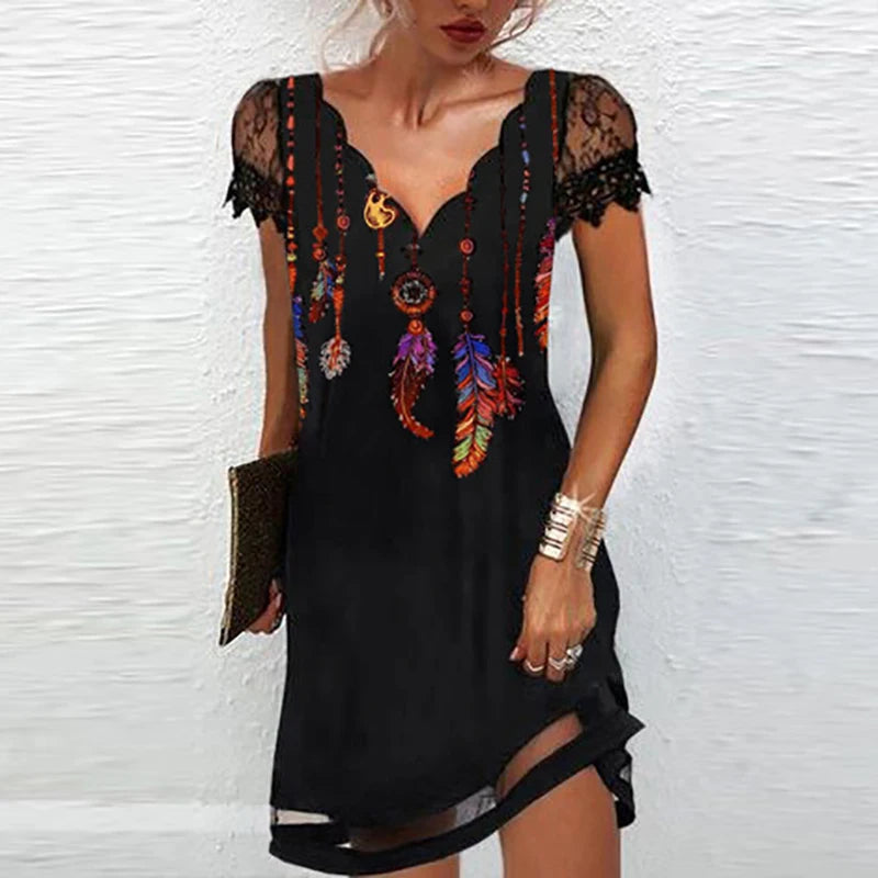 Elegant Dresses for Women V Neck Lace Sleeves Short Dress Women Spring Summer Sexy Ladies Short Sleeve Black Party Dress 2022