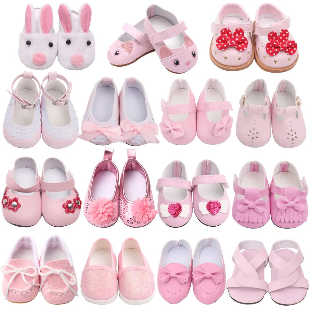 18Inch American Doll Girls Shoes Pink Princess Dress Shoes Newborn Baby Lalafanfan Toys Accessories Fit 40-43 Cm Boy Dolls Gift