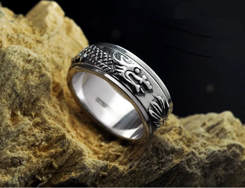 Carved Chinese Dragon Sterling Silver 925 Ring Bands For Men Male Personality Thai Silver Wide S925 Ring Retro Fashion (HY)