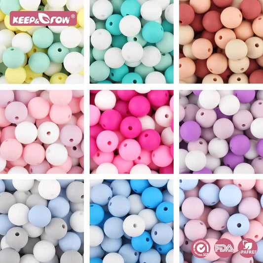 Keep&Grow 60Pcs Silicone Beads 12MM Food Grade Teething Necklace Round Perle Silicone Teether Beads Chewable Nursing Baby Toys