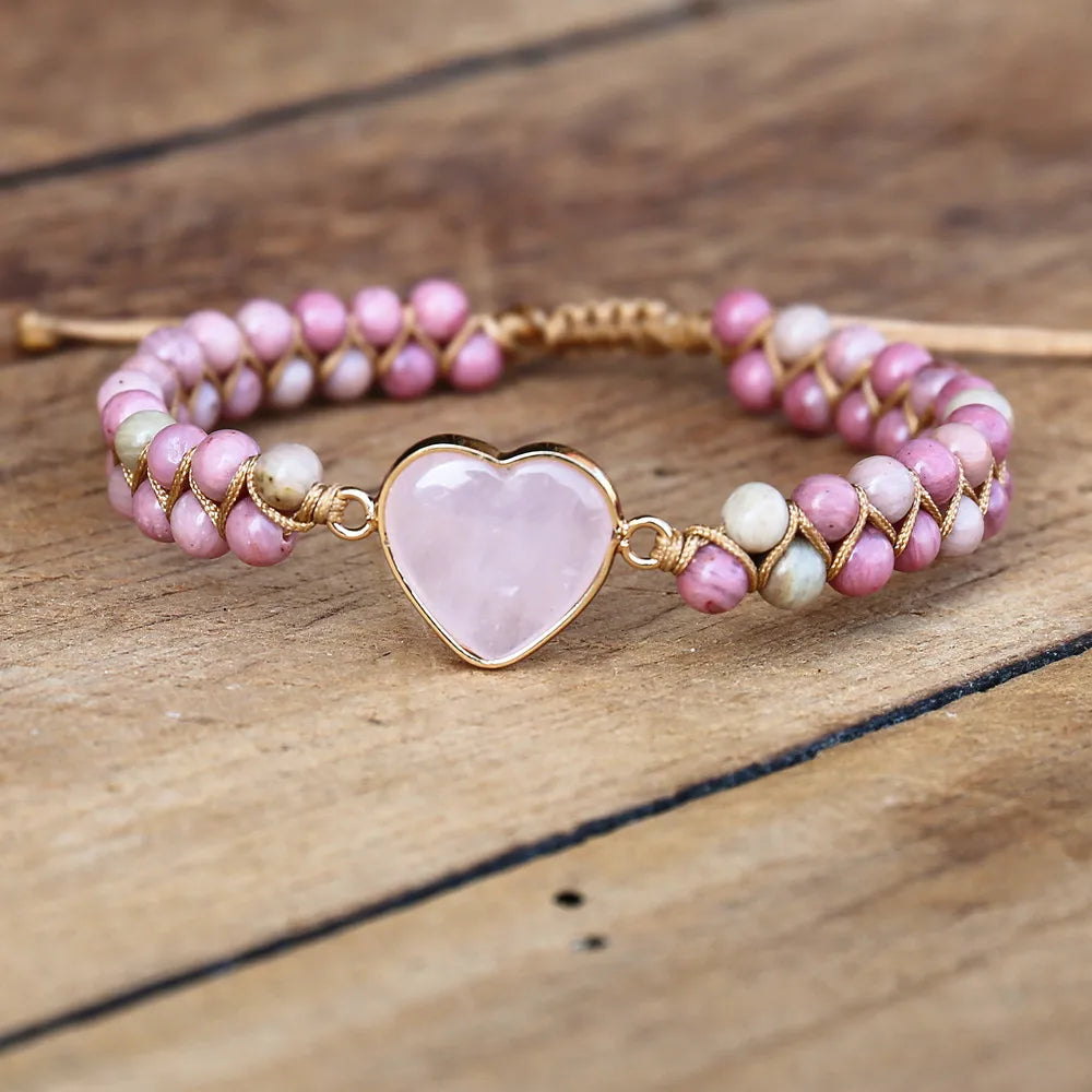 4mm Rhodonite Pink Crystal Heart Charm Bracelets Women Bohemia Yoga String Braided Lover Wrap Bracelet Handmade Jewelry