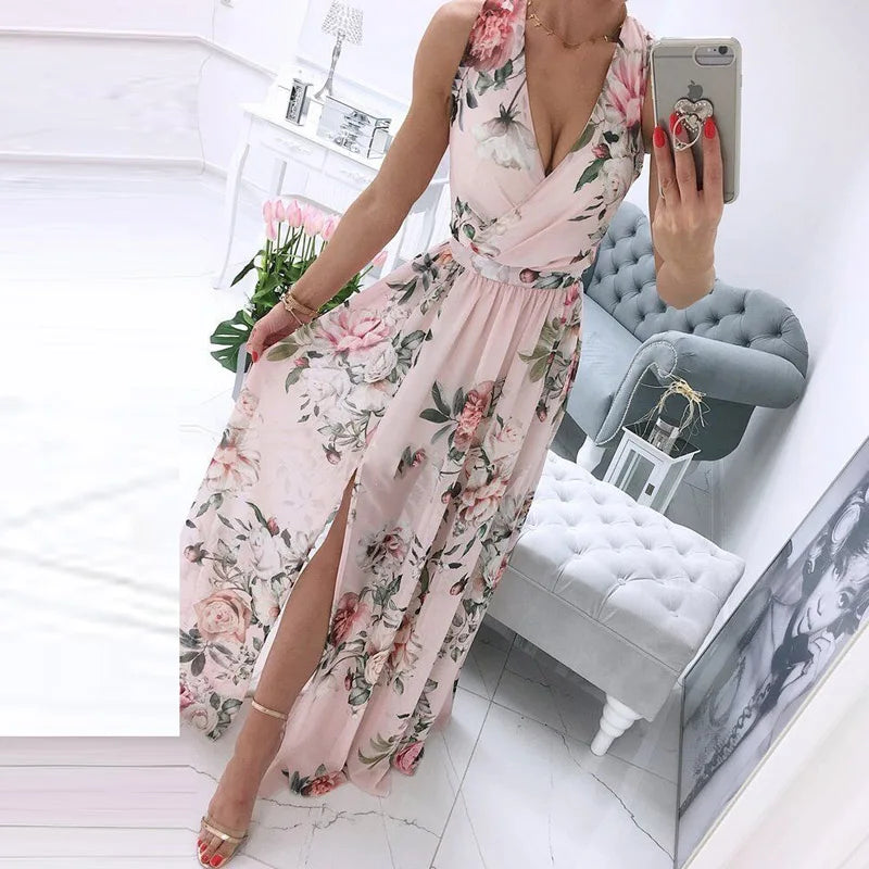 Women dress Summer Deep V-Neck Sleeveless Beach Dress Elegant Women Chiffon Split Maxi Party Dress Vintage Floral Print Long