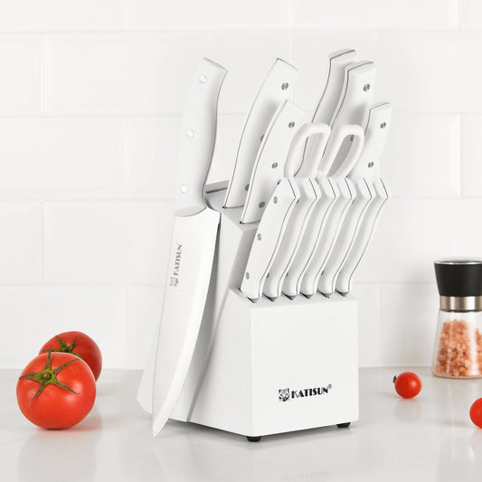 15 Pieces White Carbon Steel Blade Kitchen Knife Set with Real Wooden Stand, Inner Sharpener, and Kitchen Scissors