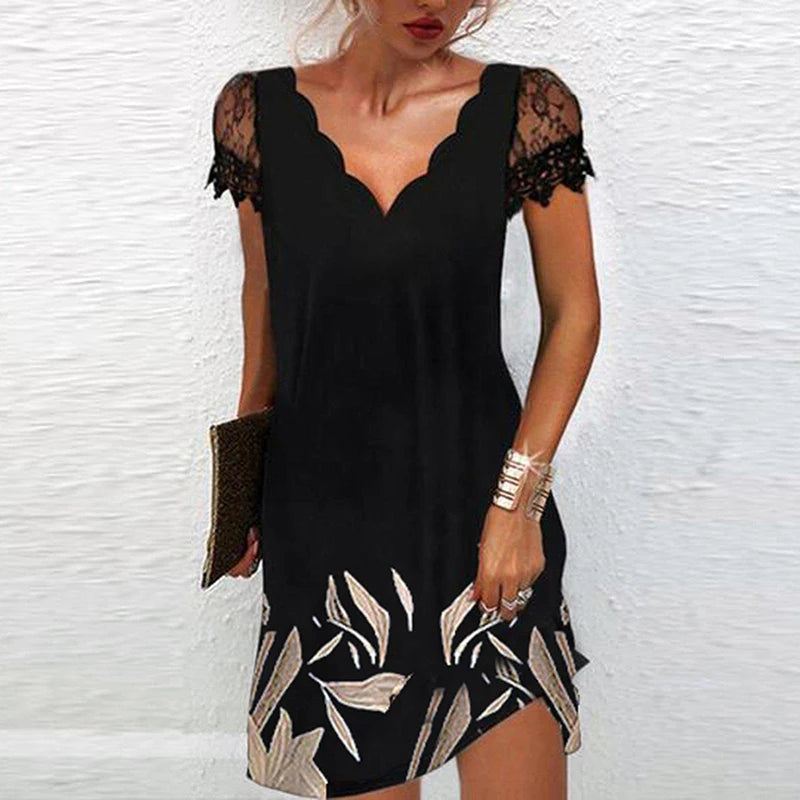 Elegant Dresses for Women V Neck Lace Sleeves Short Dress Women Spring Summer Sexy Ladies Short Sleeve Black Party Dress 2022