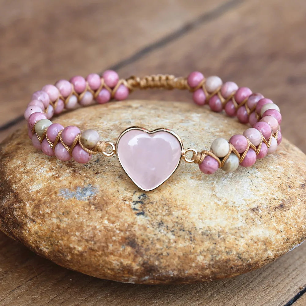 4mm Rhodonite Pink Crystal Heart Charm Bracelets Women Bohemia Yoga String Braided Lover Wrap Bracelet Handmade Jewelry