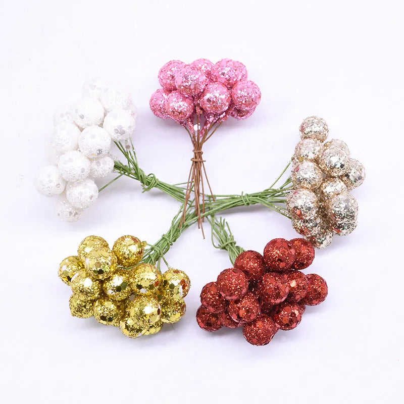 100Pcs 12mm Mini Artificial Flower Fruit Stamens Cherry Christmas Pearl Berries for Wedding DIY Gift Box Decorated Wreaths