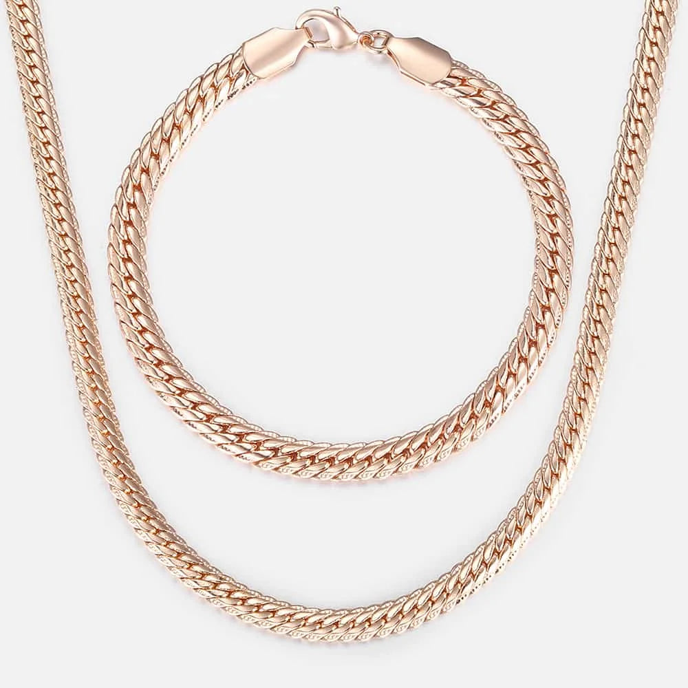 Jewelry Set For Women 585 Rose Gold Color Bracelet Necklace Hammered Herringbone Snake Chain Dropshipping Woman Jewelry KCS02