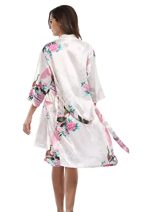 2 Piece Set Women Silk Peacock Kimono Robes Sexy Lingerie Women Wedding Party Bridesmaid Robe Satin Nightgown Bathrobe Pijam