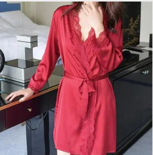 1620 Women's Satin Silk Woman Lace Robe Female Lace Bathrobe Womens Robes Sleepwear Ladies Sexy Robe For Women Drop Shipping