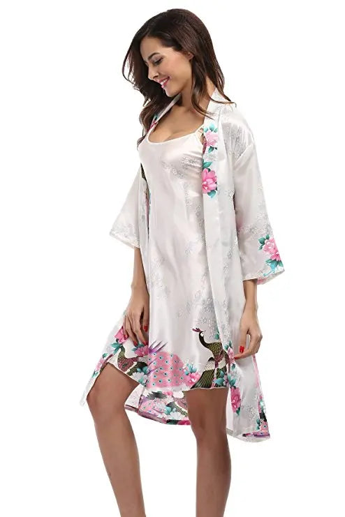 2 Piece Set Women Silk Peacock Kimono Robes Sexy Lingerie Women Wedding Party Bridesmaid Robe Satin Nightgown Bathrobe Pijam