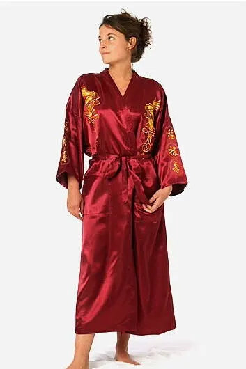 Burgundy Chinese Women's Traditional Silk Satin Robe Embroidery Dragon Kimono Yukata Bath Gown Oversize S M L XL XXL XXXL A135