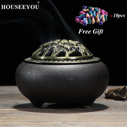 HOUSEEYOU Ceramic Incense Holder 2 Colors Alloy Cover Vintage Retro China Incense Burner Censer for Home Living Tea Room Office