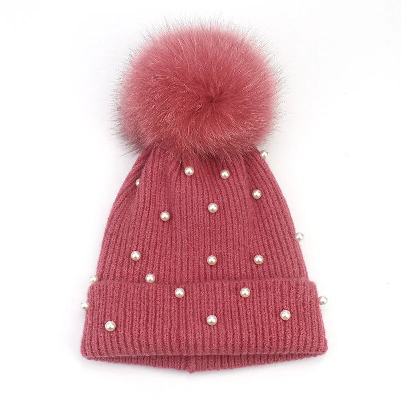 2020 New Winter Pearl Beanie Cap Lady Fluffy Double Layer Real Fur Pom Pom Knit Skullies Bean Bean Pompom Outdoor Warm Ski Caps