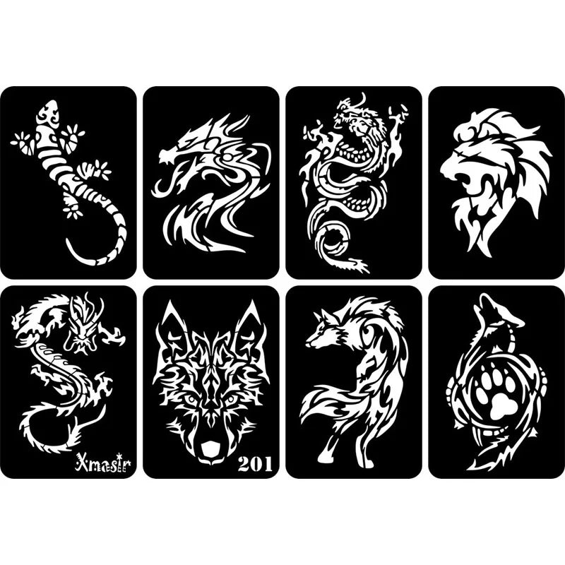 32pcs/lot Airbrush Tattoo Stencil For Man Boy Body Painting Dragon Skull Wolf Eagle Self-Adhesiver Tattoo Sticker Templates