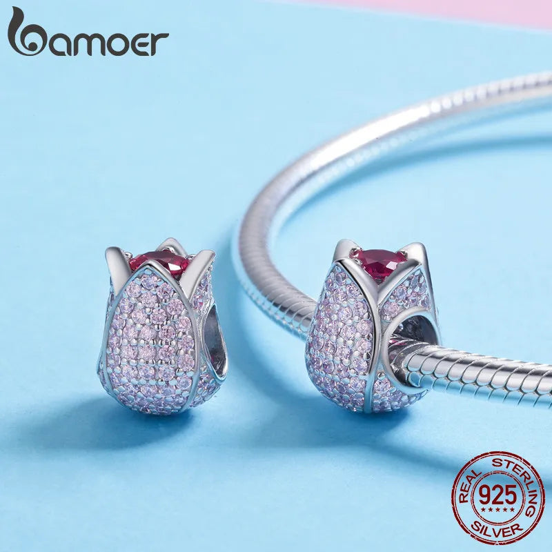 BAMOER Romantic 925 Sterling Silver Tulip Flower Petals Pink CZ Beads fit Women Bracelet & Necklaces DIY Jewelry Making SCC569