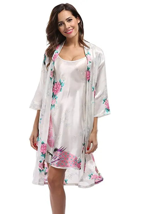 2 Piece Set Women Silk Peacock Kimono Robes Sexy Lingerie Women Wedding Party Bridesmaid Robe Satin Nightgown Bathrobe Pijam