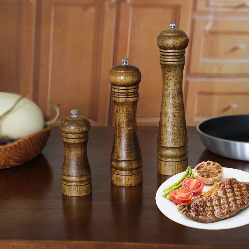 Wood Salt and Pepper Grinder Set with Mills Tray for Sea Salt & Peppercorns (5,8,10 inch) Strong Adjustable Grinder