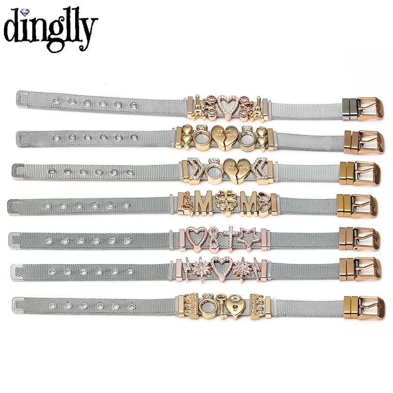 DINGLLY Two-tone Stainless Steel Mesh Bracelets For Women Men Golden Love Heart Beaded 10mm Ribbon Mesh Bracelet & Bangle Gifts