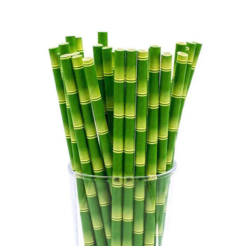 25pcs/lot Green Bamboo Paper Straws Happy Birthday Wedding Decorative Event Tropical Party Supplies Drinking Straw