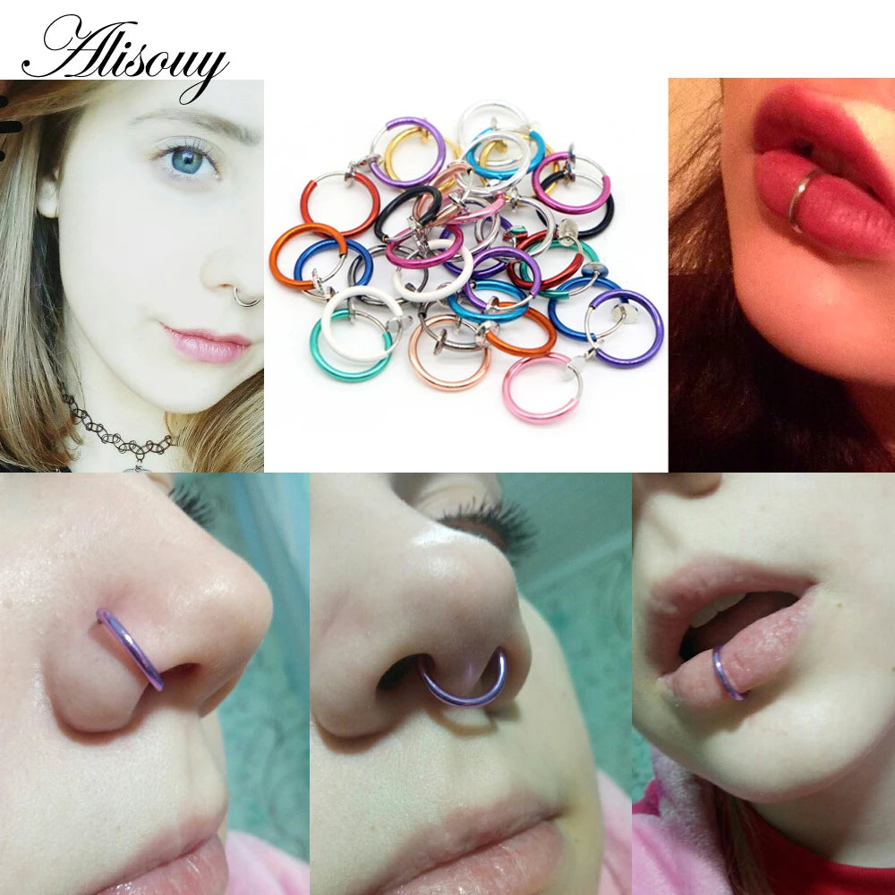 Alisouy 2 PCS Medical Nostril Titanium multi-color Nose Hoop rings clip on nose ring Body Fake Piercing women men body Jewelry