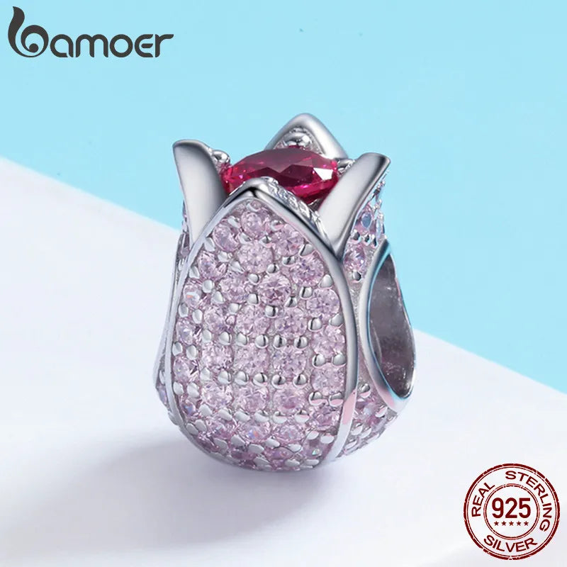 BAMOER Romantic 925 Sterling Silver Tulip Flower Petals Pink CZ Beads fit Women Bracelet & Necklaces DIY Jewelry Making SCC569