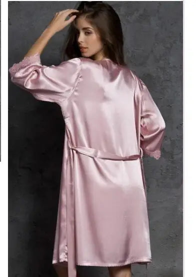 High Quality New 2022 Spring Summer Three Quarter Sleeve Silk Robes Set Sexy V-neck 2 Pieces Home Suit Dressing Gowns For Women