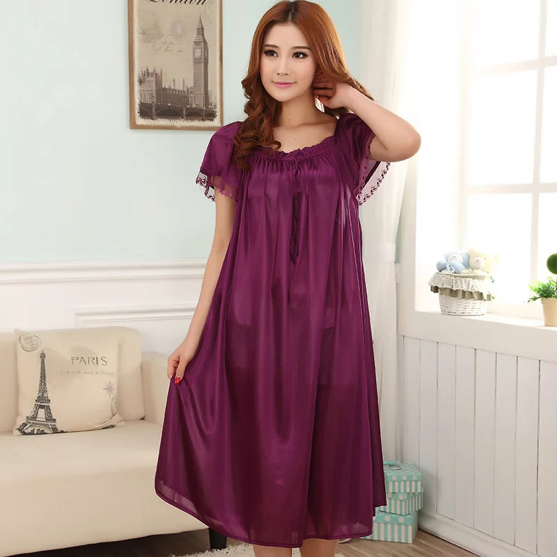 Loose large size nightgowns for women long stlye nightwear nightdress solid silk sleepshirt summer dress sleep tops pijama mujer