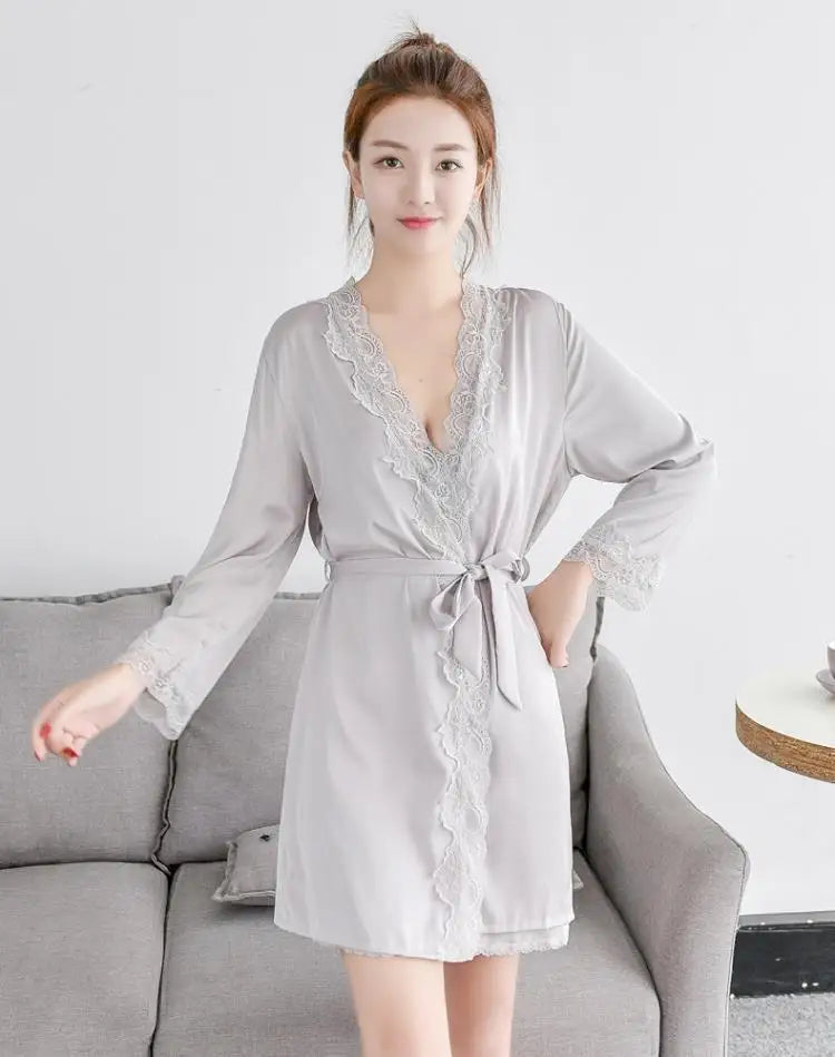 1620 Women's Satin Silk Woman Lace Robe Female Lace Bathrobe Womens Robes Sleepwear Ladies Sexy Robe For Women Drop Shipping