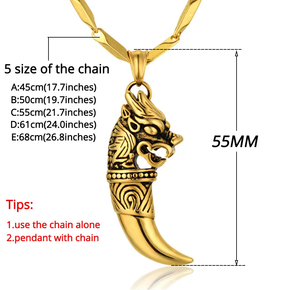 Dropshipping Stainless Steel Dragon Head Pendant Necklace Wolf Tooth Amulets And Talismans Cool Necklace For Women And Men