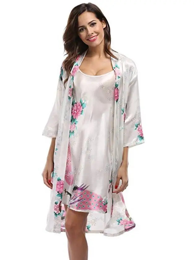 2 Piece Set Women Silk Peacock Kimono Robes Sexy Lingerie Women Wedding Party Bridesmaid Robe Satin Nightgown Bathrobe Pijam