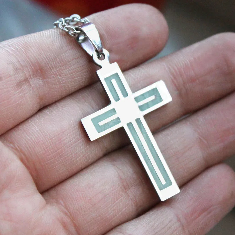 Glowing Necklace CROSS Necklace Stainless Steel Necklace Cross GLOW In The DARK Night Fluorescent Christmas Gifts Men Women Girl