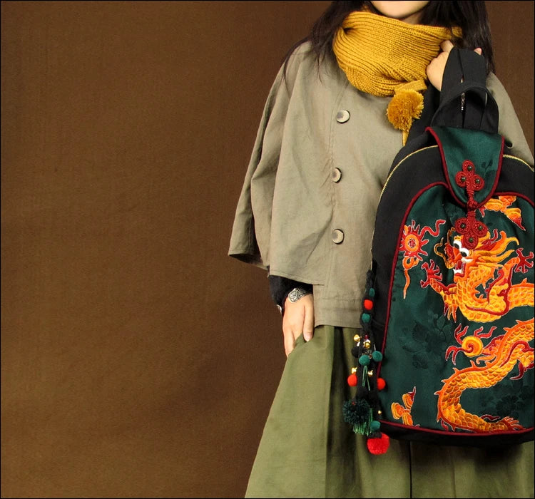 Dragon Embroidery women's shoulder bag Vintage Fashion unisex Backpack Canvas travel Backpack Hot Ethnic backpack