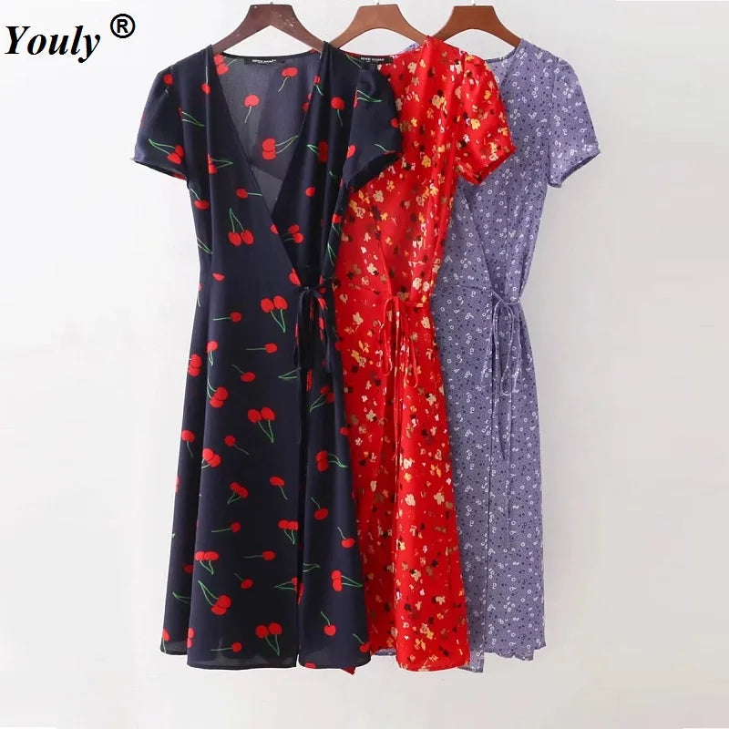 2021 Summer Dress Women Long Beach Dress Floral Print Vintage Casual Wrap Boho Elegant Sexy Sexy Deep V-Neck Slit Party Dresses