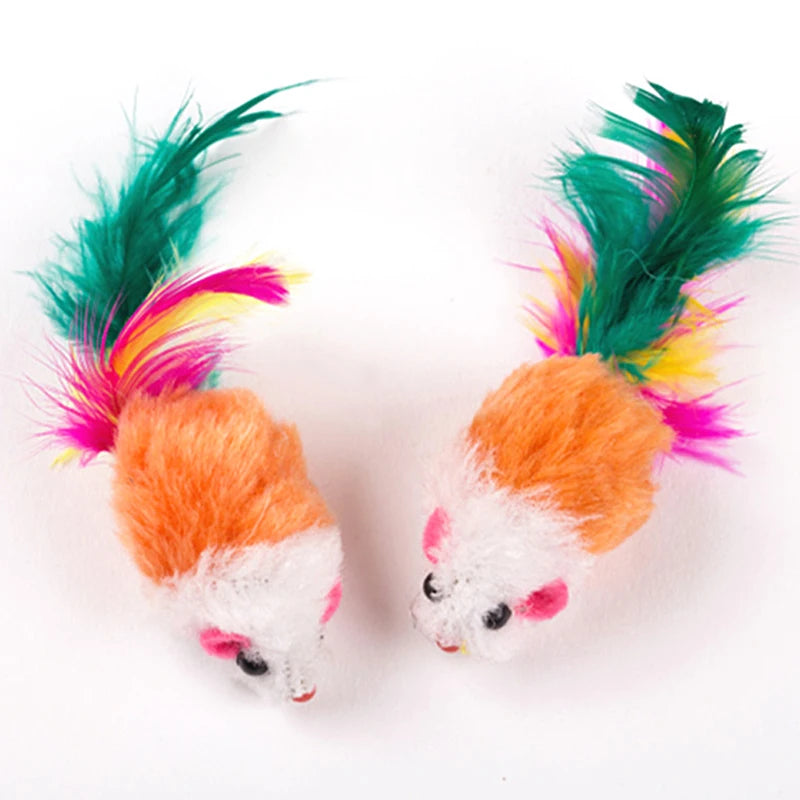 Cute Mini Soft Fleece False Mouse Cat Toys Colorful Feather Funny Playing Training Toys For Cats Kitten Puppy Pet Supplies