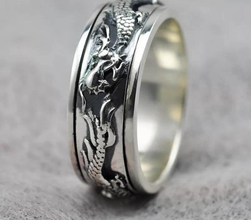 Carved Chinese Dragon Sterling Silver 925 Ring Bands For Men Male Personality Thai Silver Wide S925 Ring Retro Fashion (HY)