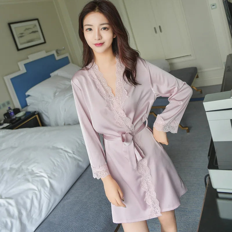 1620 Women's Satin Silk Woman Lace Robe Female Lace Bathrobe Womens Robes Sleepwear Ladies Sexy Robe For Women Drop Shipping