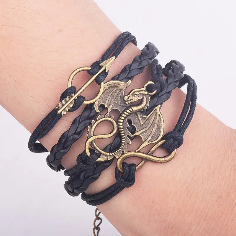 Fashion Men Leather Dragon Bracelet Vintage Punk Antique Silver Plated Dragon Charm for Women