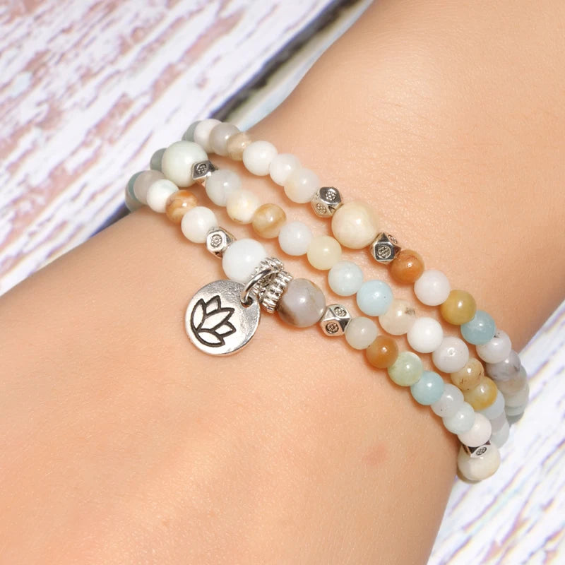 MOON GIRL 108 Mala Beads Mantra Wrap Bracelet Yoga 4MM Amazonite Stone Stretchy Lotus Charm Bracelets for Women Drop Shipping