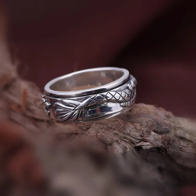 Carved Chinese Dragon Sterling Silver 925 Ring Bands For Men Male Personality Thai Silver Wide S925 Ring Retro Fashion (HY)