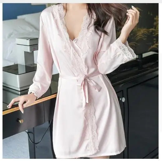 1620 Women's Satin Silk Woman Lace Robe Female Lace Bathrobe Womens Robes Sleepwear Ladies Sexy Robe For Women Drop Shipping