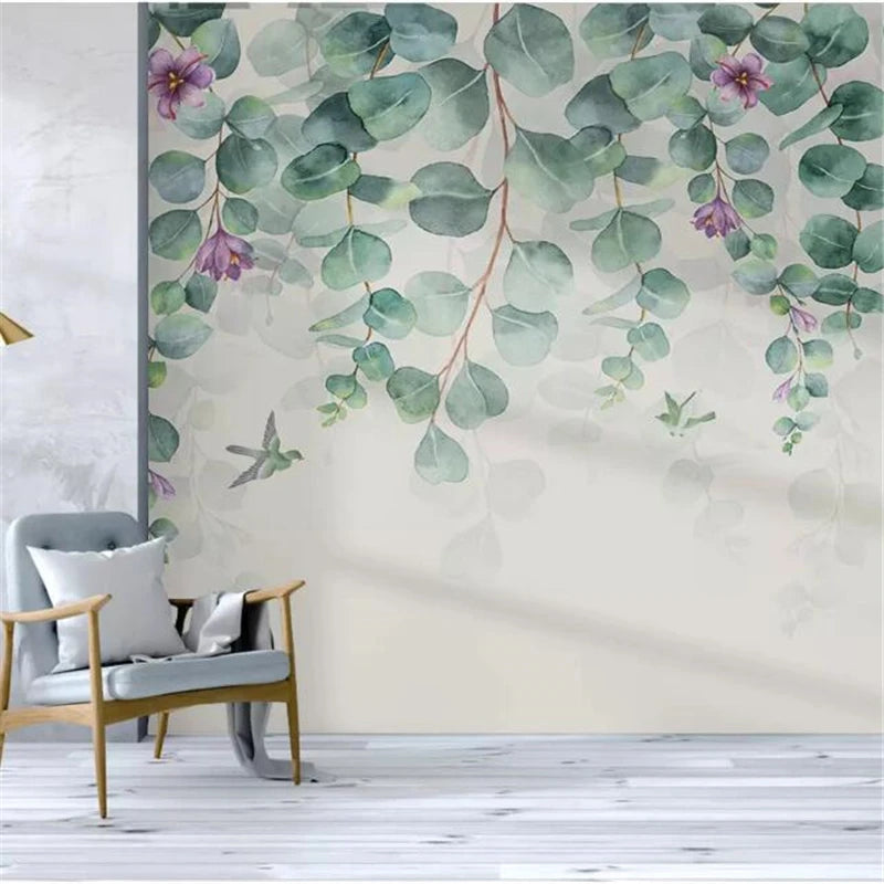 wellyu  wall papers home decor Custom wallpaper Nordic minimalist tropical leaves flowers butterfly bird bedroom wall behang