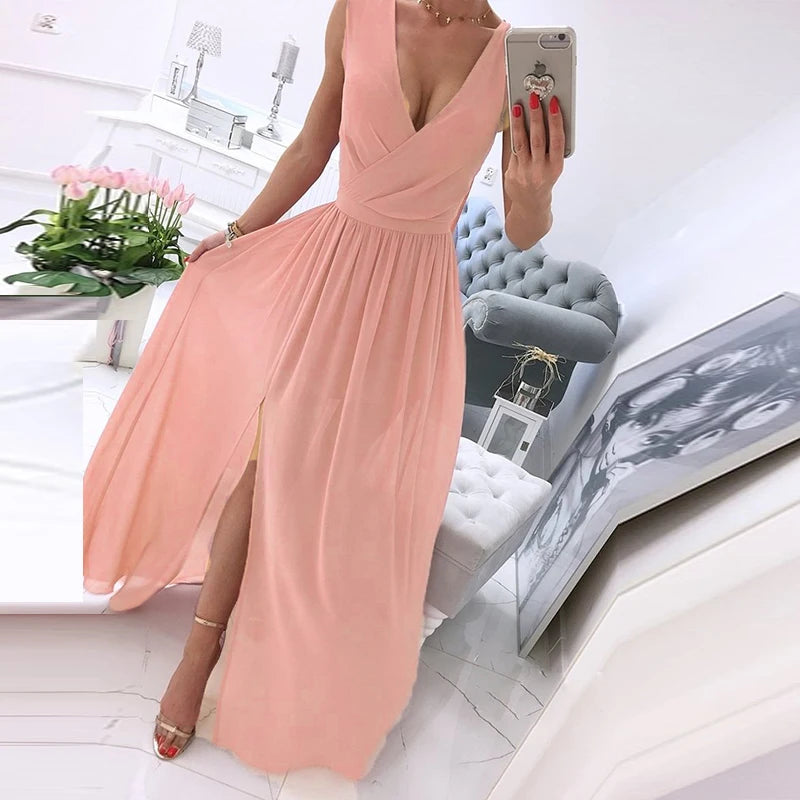 Women dress Summer Deep V-Neck Sleeveless Beach Dress Elegant Women Chiffon Split Maxi Party Dress Vintage Floral Print Long