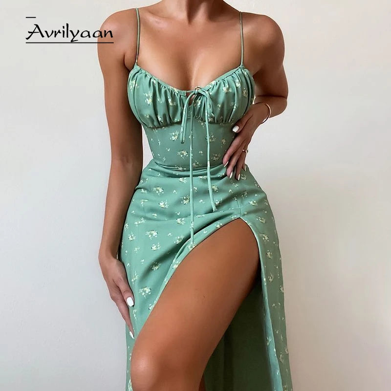 Avrilyaan Flower Spaghetti Strap Bow Print Sexy Dress Women Pleated High Split Summer Dress Backless Casual Midi Dress Vestidos