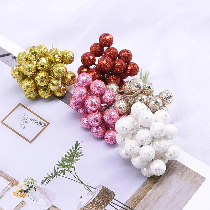 100Pcs 12mm Mini Artificial Flower Fruit Stamens Cherry Christmas Pearl Berries for Wedding DIY Gift Box Decorated Wreaths