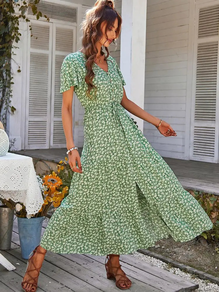 Ladies Vintage Long Floral Print Summer Dress Women Loose Casual Button Bohemian Beach Dress Women Sundress Robe Vestidos Female